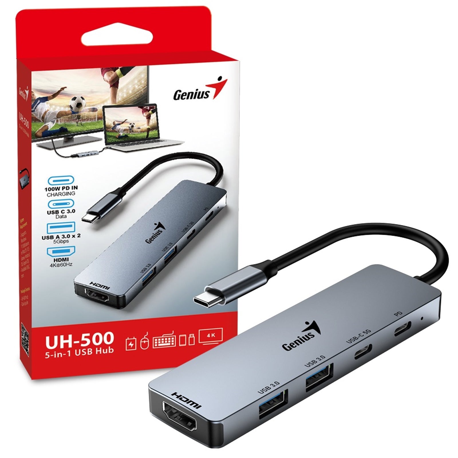 Genius 5-in-1 USB-C Hub - Aluminum, 100W PD, 4K HDMI, USB 3.0 Genius 5-in-1 USB-C Hub - Aluminum, 100W PD, 4K HDMI, USB 3.0